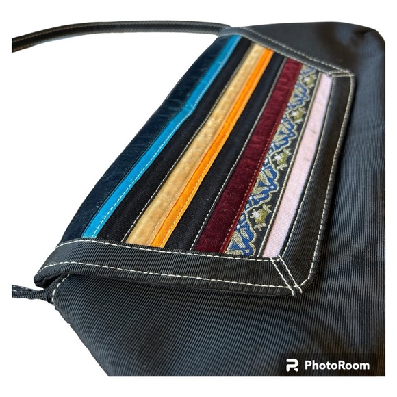 Retro 60's style Black Shoulder Bag With Multicolored Fabric Tapestry Accents - Picture 2 of 11